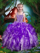  Eggplant Purple Ball Gowns Spaghetti Straps Sleeveless Organza Floor Length Lace Up Beading and Ruffles Kids Formal Wear