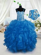  Blue Organza Lace Up Pageant Gowns For Girls Sleeveless Floor Length Beading and Ruffles