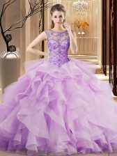 New Style Scoop Sleeveless Tulle Quinceanera Dresses Beading and Ruffles Brush Train Lace Up