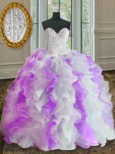 Fitting Floor Length White And Purple 15th Birthday Dress Organza Sleeveless Beading and Ruffles