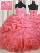  Watermelon Red Organza Lace Up Ball Gown Prom Dress Sleeveless Floor Length Beading and Ruffles and Ruching and Pick Ups