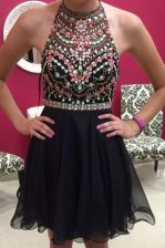  Halter Top Sleeveless Mini Length Beading Zipper Prom Evening Gown with Black