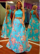  Halter Top Sleeveless Satin Floor Length Zipper Homecoming Dress in Blue with Beading and Appliques and Pattern