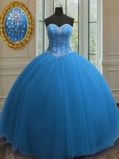 Latest Blue Sleeveless Beading and Sequins Floor Length Quinceanera Gown