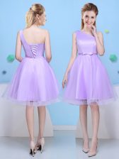 High End One Shoulder Lavender Tulle Lace Up Dama Dress for Quinceanera Sleeveless Knee Length Bowknot