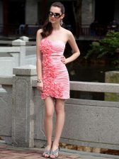  Rose Pink Sleeveless Knee Length Ruching and Hand Made Flower Zipper Dress for Prom