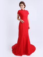  Red Column/Sheath High-neck Cap Sleeves Lace With Brush Train Backless Lace Dress for Prom