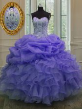 Edgy Sleeveless Organza Floor Length Lace Up 15 Quinceanera Dress in Lavender with Beading and Ruffles and Pick Ups