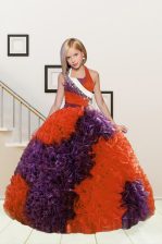  Halter Top Floor Length Ball Gowns Sleeveless Purple and Orange Red Little Girl Pageant Gowns Lace Up