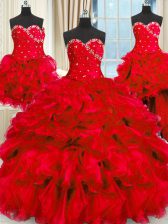  Four Piece Red Sleeveless Floor Length Beading and Ruffles and Ruching Lace Up Sweet 16 Dress