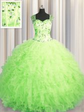 Decent See Through Zipper Up Sleeveless Floor Length Beading and Ruffles Zipper Ball Gown Prom Dress with Green