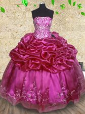  Floor Length Fuchsia 15 Quinceanera Dress Organza Sleeveless Beading and Embroidery and Pick Ups