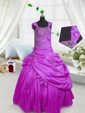  Fuchsia Ball Gowns Straps Sleeveless Satin Floor Length Lace Up Beading and Pick Ups Juniors Party Dress