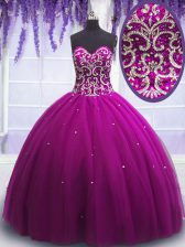 Amazing Fuchsia Ball Gowns Sweetheart Sleeveless Tulle Floor Length Lace Up Beading 15th Birthday Dress