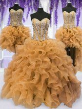  Four Piece Gold Lace Up Sweetheart Beading and Ruffles Quince Ball Gowns Organza Sleeveless