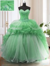Fashion Sleeveless Organza Sweep Train Lace Up Sweet 16 Quinceanera Dress in Green with Beading and Ruffled Layers