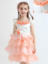 Beautiful Scoop Organza Cap Sleeves Knee Length Toddler Flower Girl Dress and Ruffled Layers and Hand Made Flower