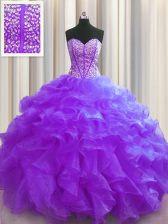Unique Visible Boning Purple Sweetheart Lace Up Beading and Ruffles 15th Birthday Dress Sleeveless