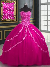 Hot Selling Fuchsia Tulle Lace Up Sweet 16 Quinceanera Dress Sleeveless With Brush Train Beading and Appliques