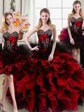  Four Piece Floor Length Lace Up Quinceanera Gowns Black and Red for Military Ball and Sweet 16 and Quinceanera with Beading and Ruffles and Hand Made Flower