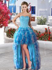 Ideal Baby Blue Sleeveless High Low Beading and Ruffles Lace Up Prom Dress