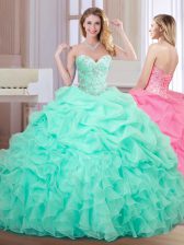 High Class Sweetheart Sleeveless Sweet 16 Dresses Floor Length Beading and Ruffles and Pick Ups Apple Green Organza