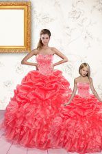  Coral Red Quinceanera Gown Military Ball and Sweet 16 and Quinceanera with Beading and Ruffles and Pick Ups Sweetheart Sleeveless Lace Up