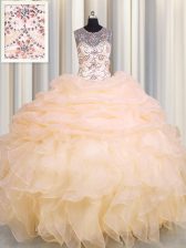 Exceptional Scoop See Through Sleeveless Beading and Ruffles and Pick Ups Lace Up Quinceanera Gowns