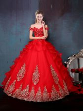Modest Ball Gowns Quinceanera Dresses Red Off The Shoulder Tulle Sleeveless Floor Length Lace Up