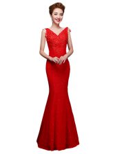 Beauteous Floor Length Red Dress for Prom Lace Sleeveless Lace