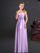 Perfect Lavender Chiffon Zipper Court Dresses for Sweet 16 Sleeveless Floor Length Ruching and Bowknot