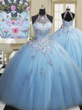 Beautiful Sleeveless Floor Length Embroidery Lace Up Sweet 16 Quinceanera Dress with Light Blue