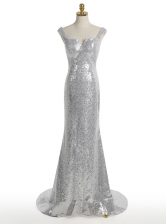  Mermaid Sequined Square Sleeveless Sweep Train Zipper Sequins Prom Dress in Silver