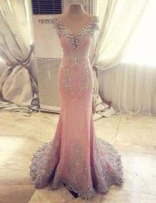  Rose Pink Mermaid Beading and Appliques Dress for Prom Clasp Handle Satin Cap Sleeves With Train