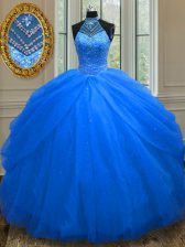  Halter Top Sleeveless Floor Length Beading Lace Up 15 Quinceanera Dress with Royal Blue