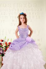 Most Popular Lilac Ball Gowns Straps Sleeveless Organza Floor Length Lace Up Beading and Ruffled Layers and Hand Made Flower Child Pageant Dress