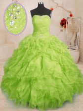  Beading and Ruffles and Ruching Quinceanera Dresses Yellow Green Lace Up Sleeveless Floor Length