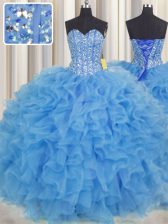 High End Visible Boning Beading and Ruffles and Sashes ribbons Quinceanera Gowns Baby Blue Lace Up Sleeveless Floor Length