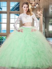 Nice Apple Green Two Pieces Tulle Scoop Long Sleeves Beading and Lace and Ruffles Floor Length Zipper Quinceanera Gown