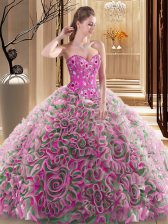 Graceful Multi-color Sleeveless With Train Embroidery and Ruffles Lace Up Quince Ball Gowns