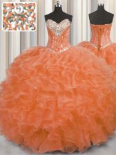 Affordable Orange Red Organza Lace Up Sweet 16 Dresses Sleeveless Floor Length Beading and Ruffles