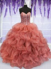  Watermelon Red Sweetheart Lace Up Beading and Ruffles Quinceanera Gown Sleeveless