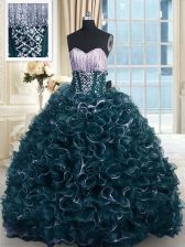 Great With Train Lace Up Quinceanera Dress Teal for Military Ball and Sweet 16 and Quinceanera with Beading and Ruffles Brush Train