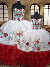 Admirable Embroidery Ruffled Layers White And Red Sleeveless Organza Lace Up Sweet 16 Quinceanera Dress for Military Ball and Sweet 16 and Quinceanera