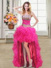  Hot Pink Organza Lace Up Strapless Sleeveless High Low Evening Dress Beading and Ruffles and Ruffled Layers and Sequins
