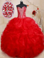  Floor Length Red Quince Ball Gowns Organza Sleeveless Beading and Ruffles