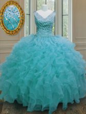  Aqua Blue Ball Gowns V-neck Sleeveless Organza Floor Length Zipper Beading and Ruffles Quinceanera Gown