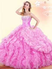 Beautiful Rose Pink Quince Ball Gowns Military Ball and Sweet 16 and Quinceanera with Beading and Ruffles and Pick Ups Sweetheart Sleeveless Lace Up