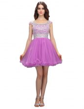  Lilac Zipper Homecoming Dress Beading Cap Sleeves Mini Length