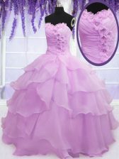 Superior Lilac Sweet 16 Dress Military Ball and Sweet 16 and Quinceanera with Beading and Ruffled Layers and Hand Made Flower Sweetheart Sleeveless Lace Up